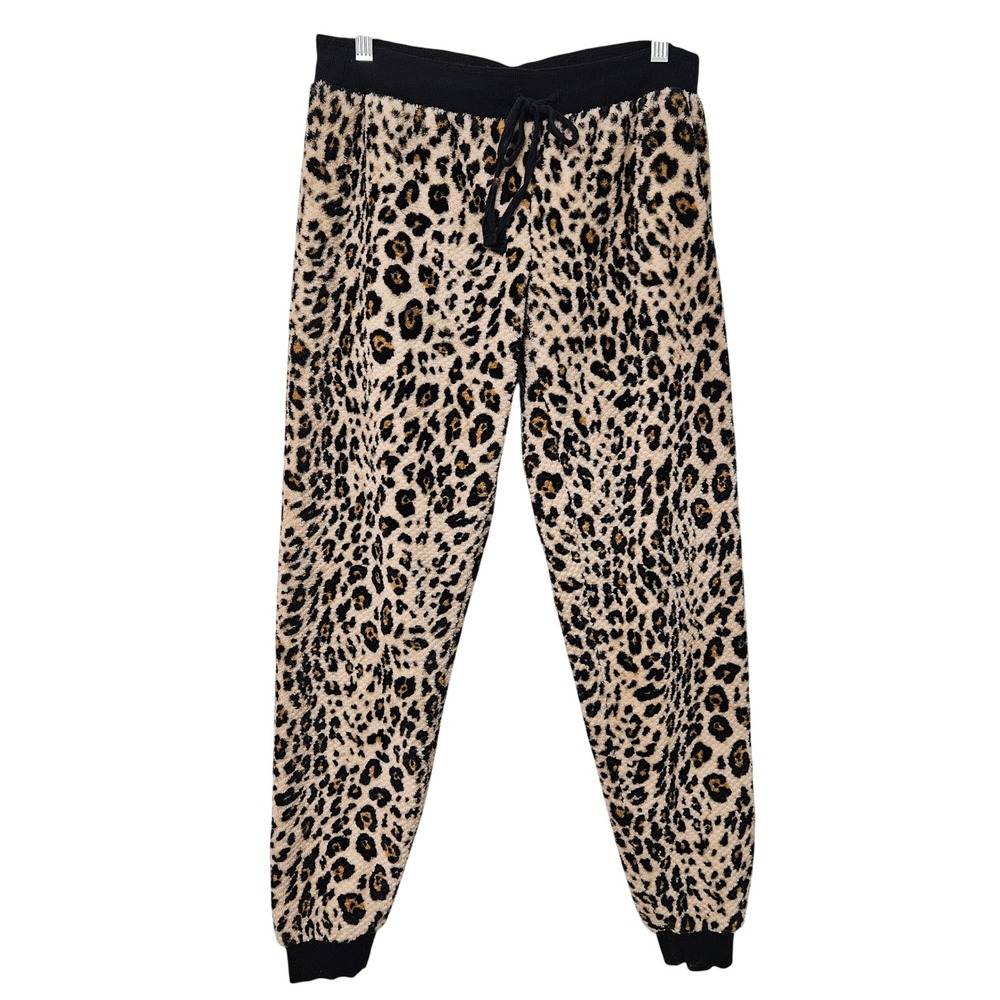 PJ Salvage Leopard Print Faux Fur Fleece Joggers Medium Tan Black Mob Wife